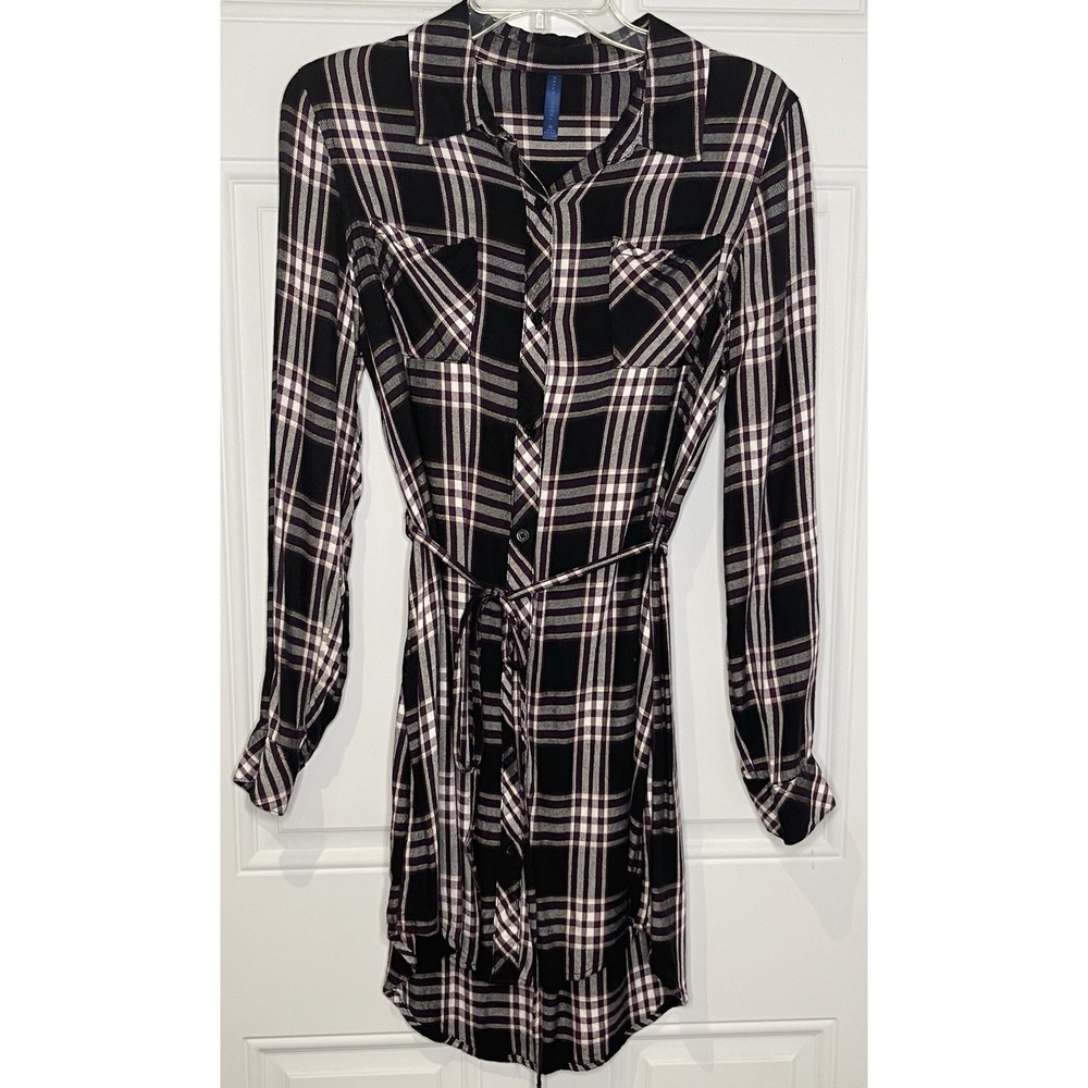 Falls Creek Women's Medium Plaid Belted Shirt Dress Black White Purple